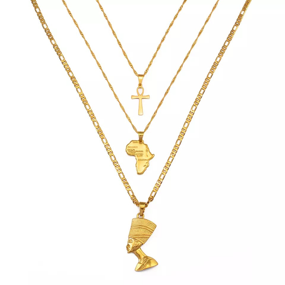 Ankh, Nefertiti & African Map - 3 Gold Necklaces