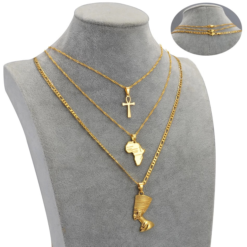 Ankh, Nefertiti & African Map - 3 Gold Necklaces