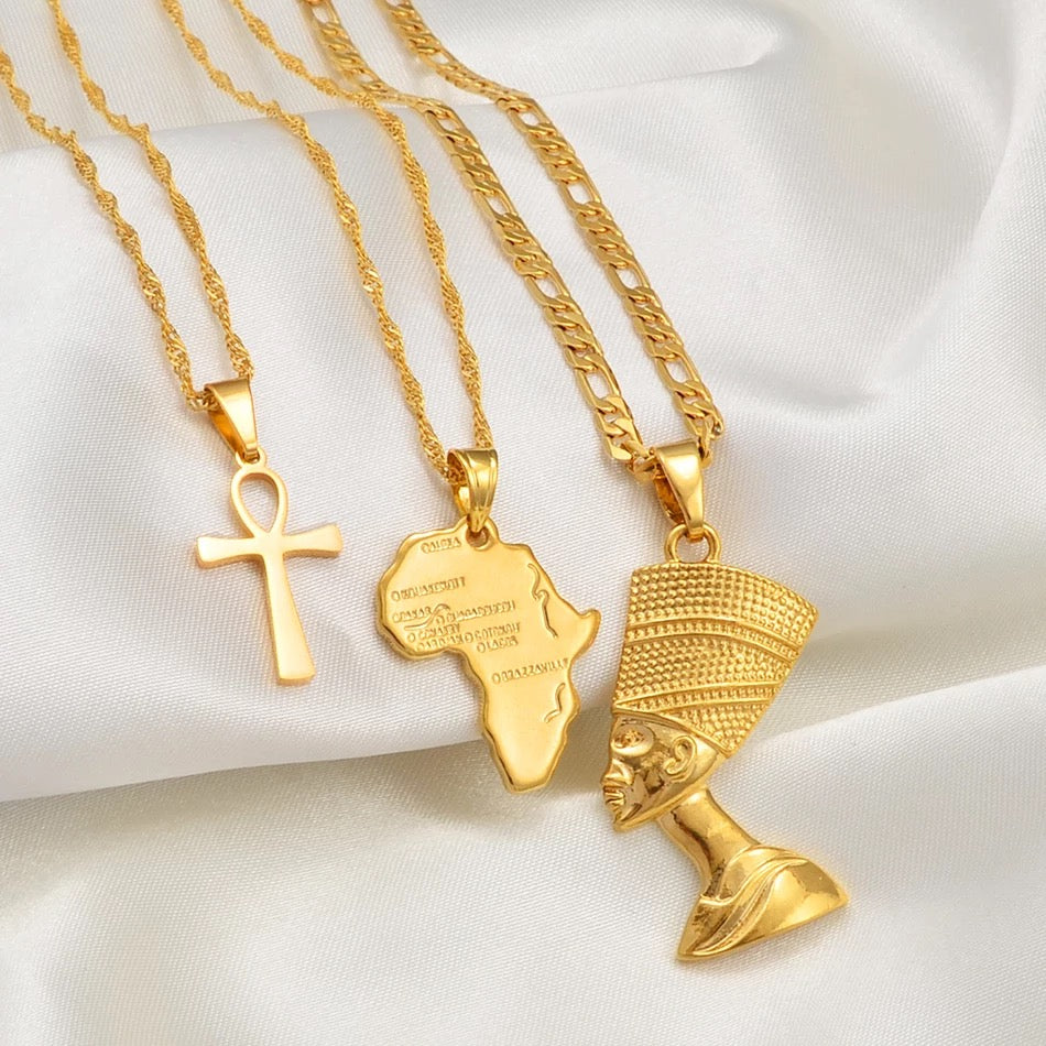 Ankh, Nefertiti & African Map - 3 Gold Necklaces