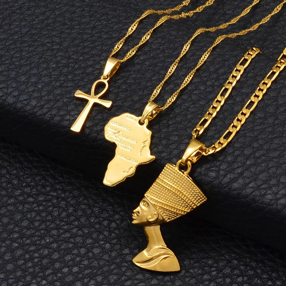 Ankh, Nefertiti & African Map - 3 Gold Necklaces